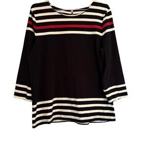 Talbots Black with White & Red Striped Cotton Tunic Style Top L